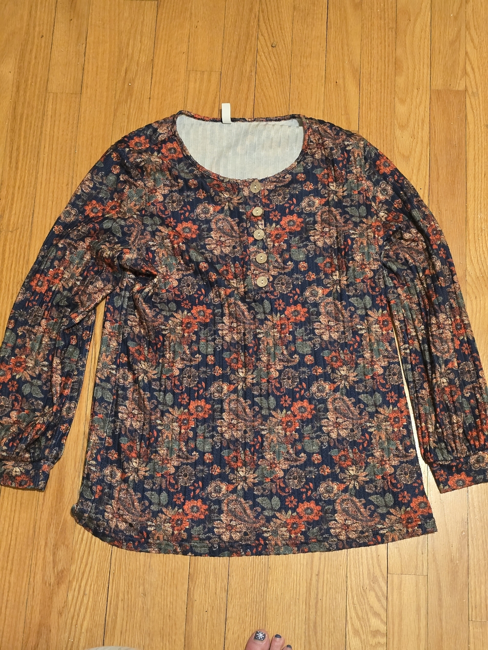 Floral Henley Long-Sleeve Top in Navy and Rust